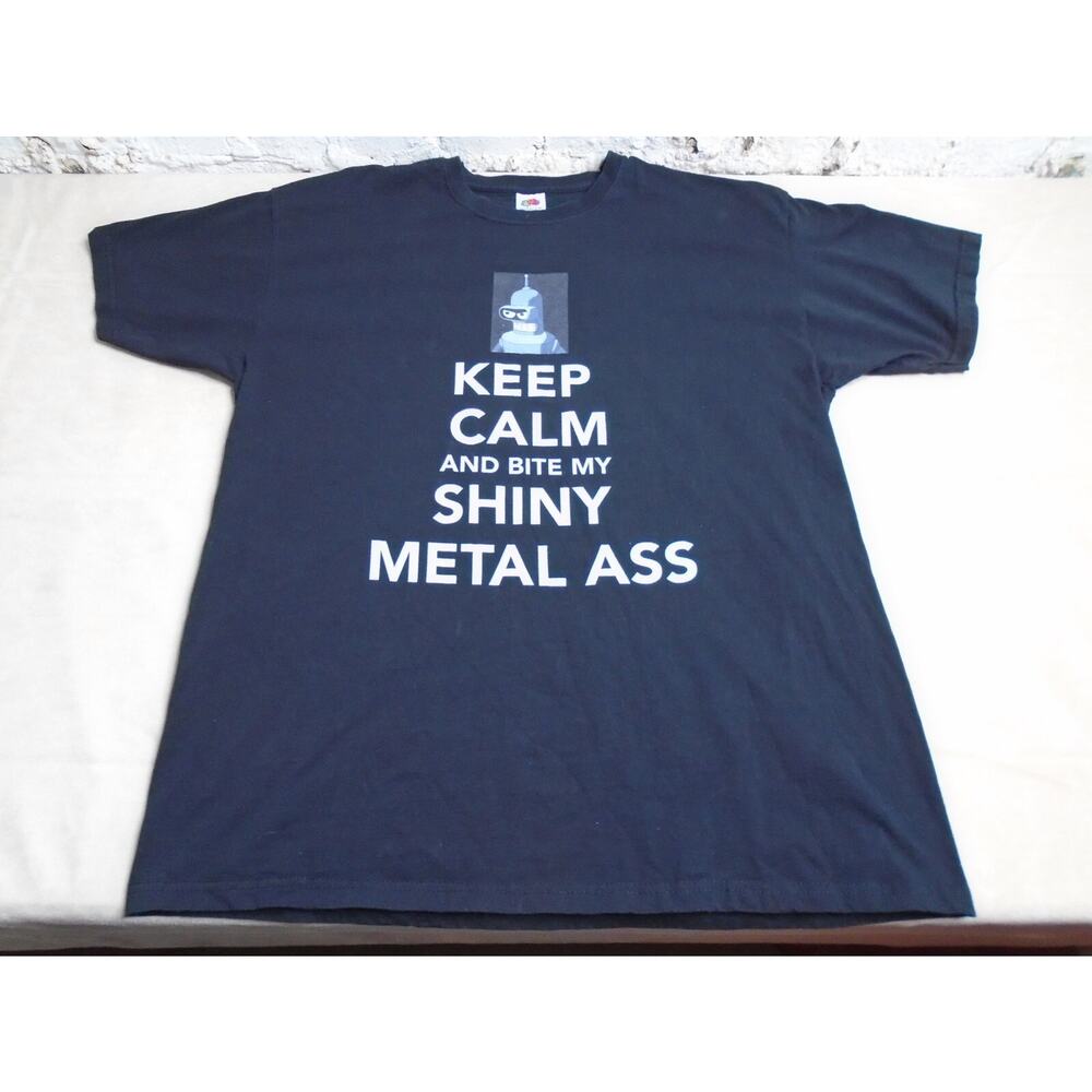 Vintage Y2K Futurama Bender Keep Calm Bite Shiny Metal T Shirt Graphic Black XL